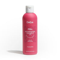 Olio massaggi Milo Dafne, alla vaniglia, naturale, in flacone magenta su sfondo bianco