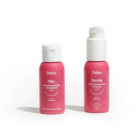 Travel Kit Dafne con olio da massaggio Milo e lubrificante Doride in formato 50ml, su sfondo bianco