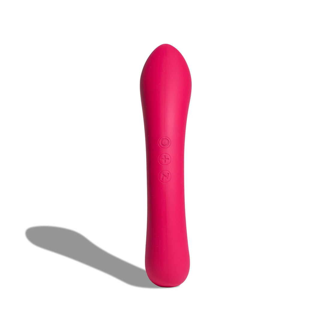 Vibratore Double Trouble rosso in silicone, vista frontale verticale con dettagli dei pulsanti di controllo su sfondo bianco