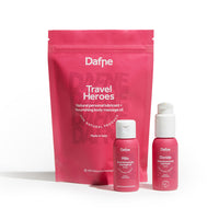 Travel Kit Dafne con olio da massaggio Milo e lubrificante Doride in formato 50ml, e doypack in materiale riciclato su sfondo bianco