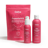 Essential Kit Dafne con olio massaggio Milo e lubrificante Doride in flacone e doypack in materiale riciclato su sfondo bianco
