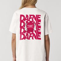 T-shirt unisex in cotone organico Dafne, retro con grafica rossa e scritta "Vedo orgasmi nel tuo futuro", indossata da modella, su sfondo neutro