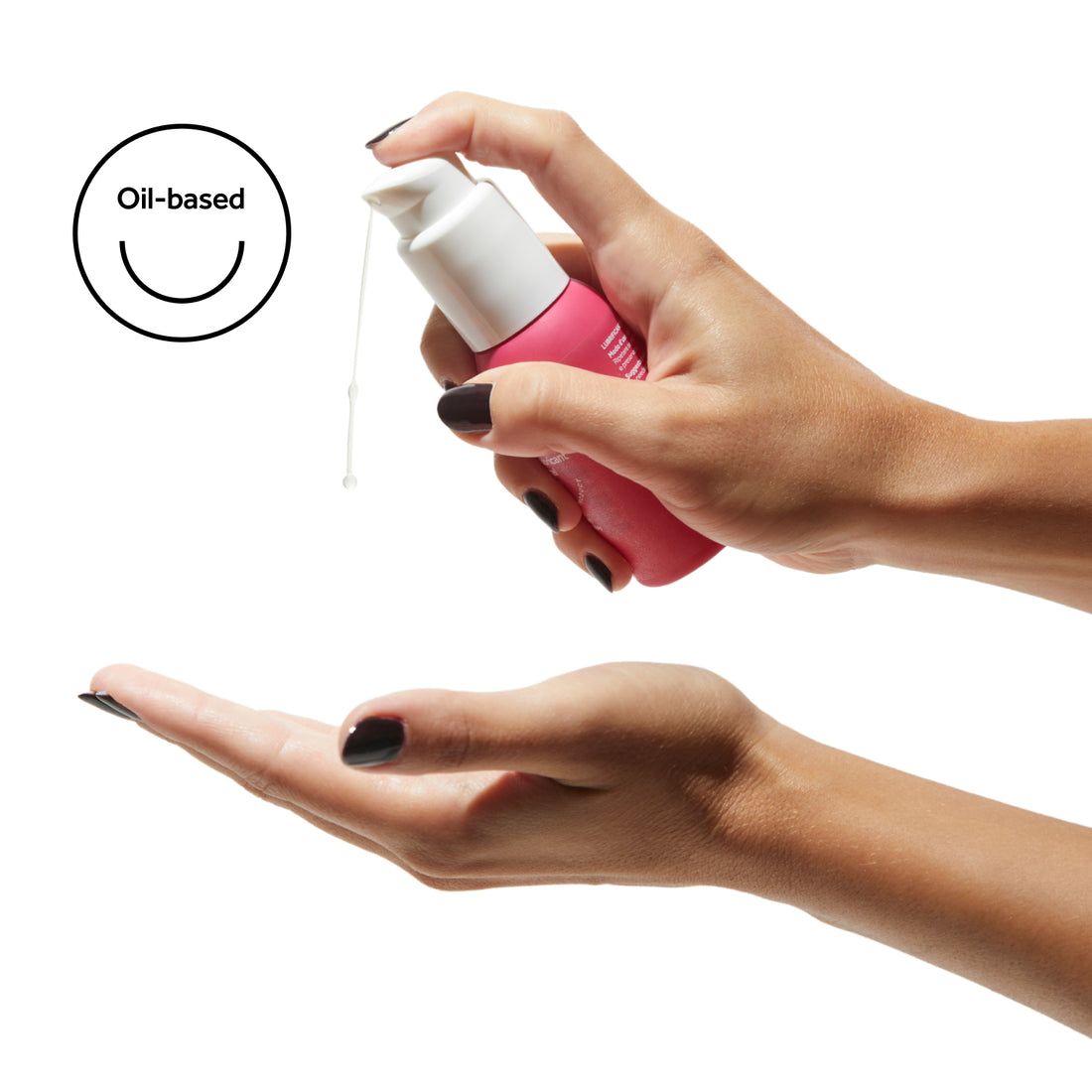Lubrificante Liio Dafne a base d’olio erogato su una mano e icona oil-based su sfondo bianco