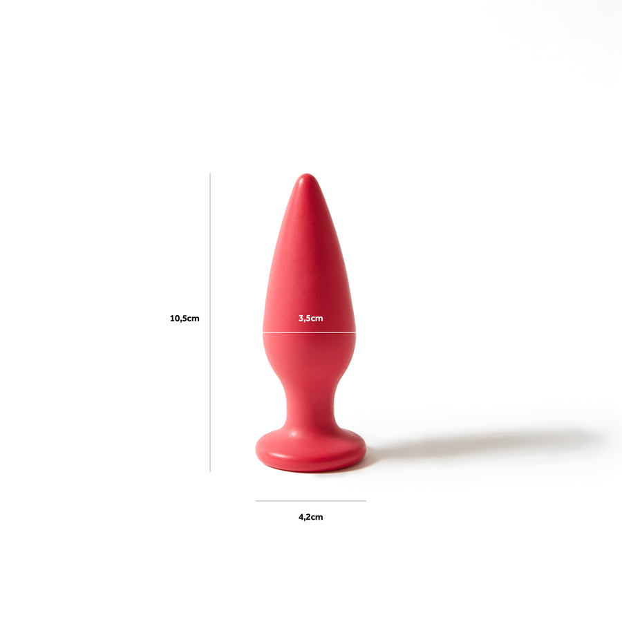 Plug anale Holly Dafne bio-based rosso magenta con dettagli sulle dimensioni 
