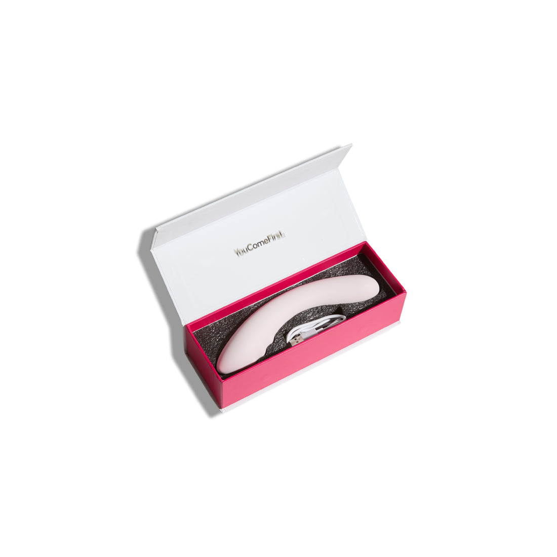 Vibratore nude Double Trouble in confezione regalo Dafne, esposto all’interno della scatola magenta con coperchio bianco aperto