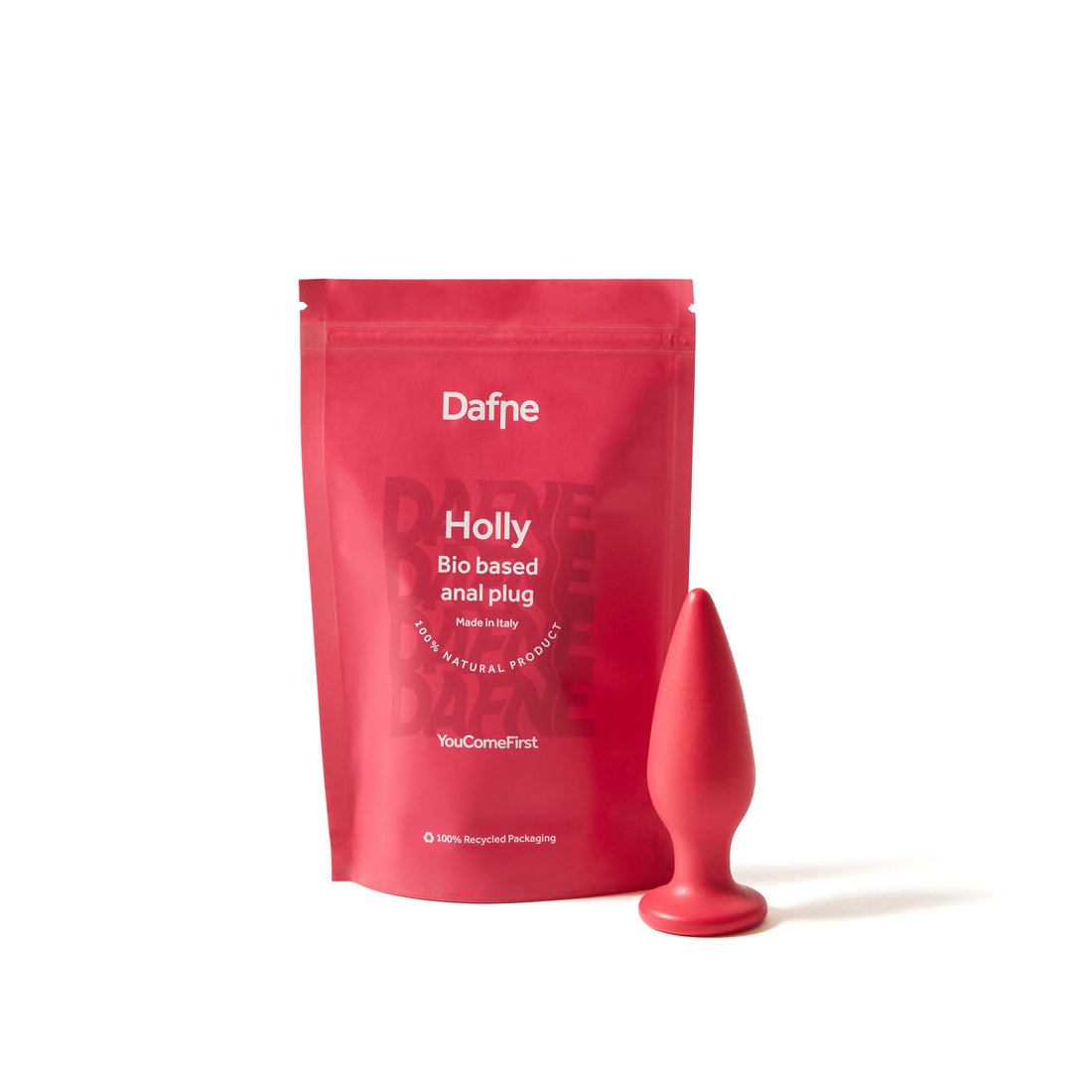 Plug anale Holly Dafne 100% bio-based con doypack rosso magenta in materiale riciclabile, su sfondo bianco